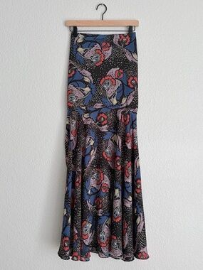 Free People Black Maxi Skirt with Blue, Pink and Red Floral Print